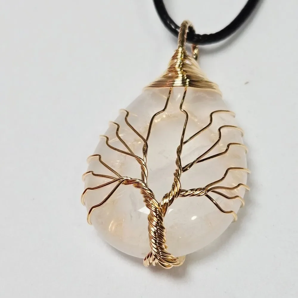 Tree of Life Clear Quartz Teardrop Wire Wrapped Necklace Healing Crystal Jewelry